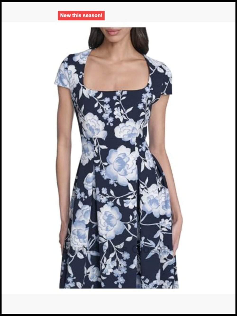 Floral Pleated Midi A-Line Dress Square Neck Short Sleeve - Picture 4 of 5